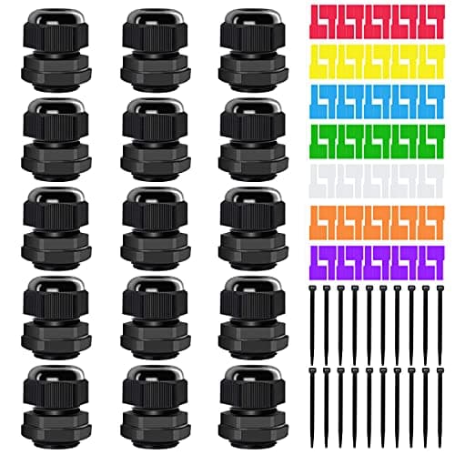 Image of Youmile 15 Pcs PG13.5 Waterproof Cable Gland IP68 Adjustable 6-12mm Nylon Plastic Seal Wire Connector for Junction Box with 7 Pcs Cable Labels, 20 Pcs Wire Ties