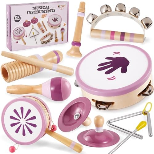 Image of BUYGER Baby Wooden Musical Percussion Instruments Sets with Hand Drum Tambourine Cymbals Montessori Educational Sensory Toys Gifts for 1 2 3+ Year Old Baby Toddler Kids Boys Girls
