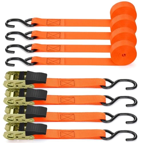 Image of Ratchet Straps with Hook 4 Pack, Ohuhu 4.6m x 25mm 680kg Break Strength Heavy Duty Ratchet Tie Down Straps Lashing Straps with S Hook for Motorcycles/Car/Trailer, Orange