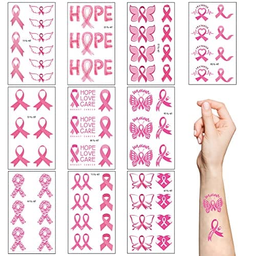Image of Pink Ribbon Temporary Tattoos,10 Sheets Fake Waterproof Breast Cancer Awareness Tattoo Stickers for Women Girls Party Fundraising Event