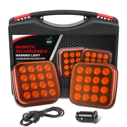 Image of AOHEWEI Wireless LED Warning Lights Kit, 12V/24V 5 Modes Rechargeable Magnetic Hazard Flashing Lights, Amber Emergency Strobe Lamp for Truck Tractor Bus Vehicle