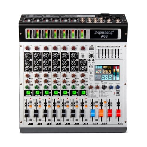 Image of Depusheng AG8 Professional dj mixer 8 channel 99 DSP Echo audio sound mixer with MP3 USB Bluetooth 48V phantom power grouping and 2 AUX interfaces for Recording DJ Stage Karaoke Music Application