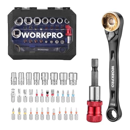 Image of WORKPRO 34-Piece Double-Ended 1/4" Mini Ratchet Wrench Set Includes 23-Piece Screwdriver Bits and 8-Piece Sockets, 72-Tooth Socket Wrench with Reversible Switch Design, Ideal for Tight Spaces