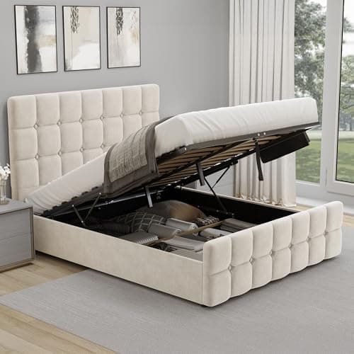 Image of Ottoman Storage Bed, Velvet Double Bed Frame, Upholstered Gas Lift Up Bed Frame with Storage, Ottoman Bed with Wooden Slats, (4ft6 Beige Double 135 x 190, No Mattress)