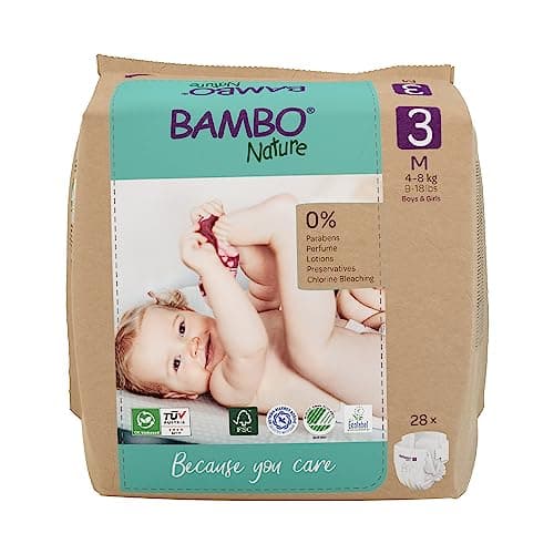 Image of Bambo Nature Premium Eco Nappies, Size 3 (9-18lb/4-8kg), Midi, 28PK, Eco-Labelled Sustainable Nappies, Enhanced Leakage Protection, Secure and Comfortable Baby Nappy