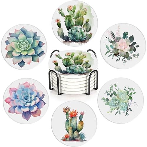 Image of Cactus Succulent Flower Set of 6 Coasters Absorbent Ceramic Drink Mats with Cork Base & Metal Holder, Spill Protectors for Mugs/Cups, Cheerful Home/Bar Decor