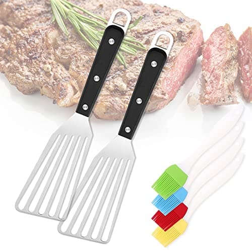 Image of 2Pcs Stainless Steel Fish Spatula, BOJVESH Metal Slotted Fish BBQ Fry Turner Shovel with Riveted Handle and 4 Pastry Brushes, Non-Stick Heat Resistant Fish Spatula for Cooking Fish Eggs Meat Barbecue