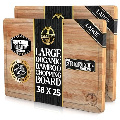 Image of Deer & Oak 2X Large Cutting Board 38 X 25 x 2cm, Pre-Oiled Wooden Bamboo Chopping Board for Carving Meat, Fish, Vegetables, Fruits, Cheese, Bread