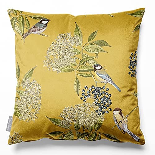 Image of Izabela Peters Eco-Friendly Velvet Cushions - Filled, 45 cm, Bird on Elderflower - Mustard, Chair & Sofa Seat Cushions