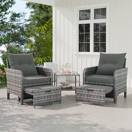 Image of UDPATIO 5 PCS Rattan Garden Furniture Set, Wicker Patio Conversation Set with 2 Cushionsed Chairs, 2-Tier Coffee Table, 2 Ottomans for Outdoor, Balcony, Backyard (Grey-Mottled & Dark Grey Cushion)