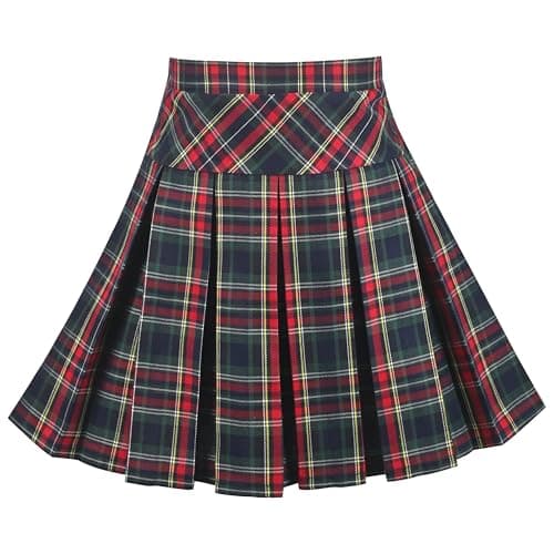Image of Sunny Fashion Girls Skirt Green Red Gingham Plaid Pleated Elastic Retro School Party Age 11-12 Years