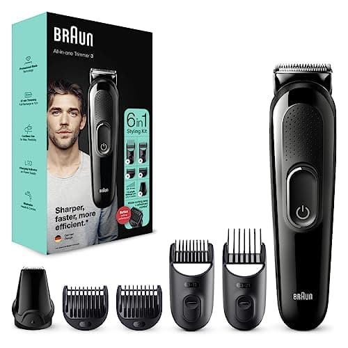 Image of Braun 6-in-1 All-in-One Series 3, Male Grooming Kit with Beard Trimmer, Hair Clippers & Precision Trimmer with Lifetime Sharp Blades, 5 Attachments, Gifts for Men, UK 2 Pin Plug, MGF3335, Black Razor