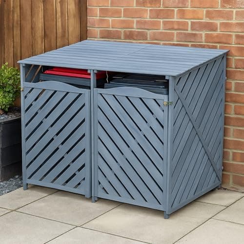 Image of Airwave Double Wooden Slated Wheelie Bin Storage | Outdoor Hinged Store for Easy Bin Access | Up to 240Ltr Bins | Lockable Outdoor Bin Storage Grey