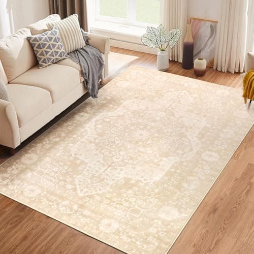Image of TUKDAK Vintage Area Rug for Living Room 120x180cm, Cream Boho Machine Washable Rugs for Bedroom, Soft Short Pile Non Slip Classic Carpet for Dining Room Office Kitchen Nursery