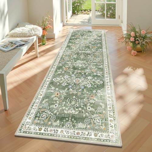 Image of Homodeco Washable Runner Rug 60 x 180– Non Slip Boho Floral Hallway Runner Rug with Rubber Backing, Low Pile Wool Distressed Carpet for Kitchen, Laundry, Bedroom, Entrance, Mottled Green