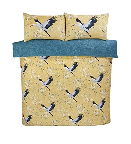 Image of Rapport Home Crane Birds Kingsize Bedding: Luxurious Reversible Microfibre Duvet Cover Set in Ochre with 180 Threadcount