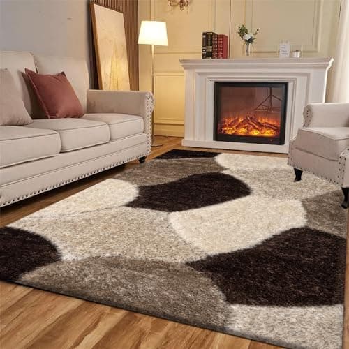 Image of Living Room Rug 120 x 170 cm - Luxury Abstract Design High Pile Non Shed Heavy Mat for Kictehn Dinign Room Kids Bedroom Shaggy Rug - Pona Brown Beige Cream, 120 x 170 cm