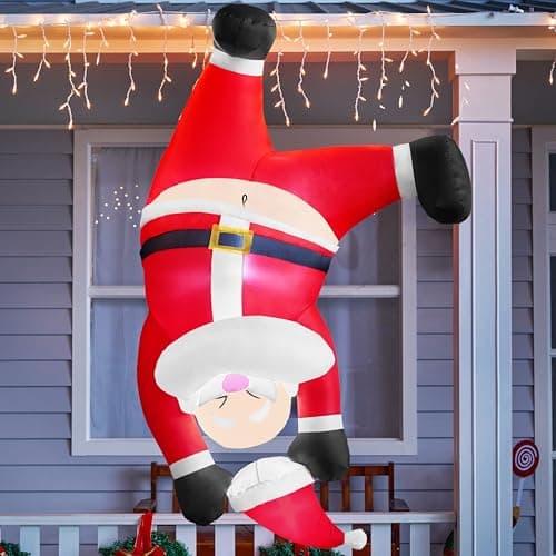 Image of JOIEDOMI 6 FT Tall Hanging Christmas Santa Inflatables Decoration, Christmas Inflatable Santa Hanging Upside Down, Santa Blow Up Yard Decoration with Built-in LED for Indoor Outdoor Yard Roof Decor