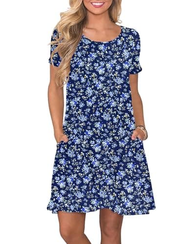 Image of AUSELILY Women's Summer Dresses Casual T-Shirt Short Sleeve Dress Loose Swing Short Dress with Pockets, Blue Print Flowers XL