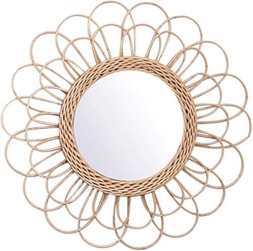 Image of Oriental riverkit Rattan Hanging Mirror Decorative Round Wicker Wall Mount Mirror, 40cm Boho Nordic Rustic Handwoven Dressing Makeup Mirrors for Living Room Bedroom Bathroom Hallway
