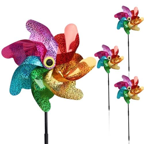 Image of 4Pcs Reflective Bird Scarer Windmill | Double Sided Rainbow Colour Holographic Reflective Pigeon Deterrent Bird Repellent Windmill | Wind Spinners for Garden Home (Height 48cm)