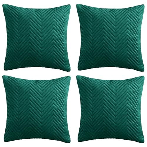 Image of Hafaa Cushions with Covers Included 45 x 45 Cm Set of 8 (4 Emerald Cushion Covers, 4 Cushion Inserts) Ultrasonic Velvet Square Throw Pillow Case Decorative Sofa Cushion with Invisible Zipper