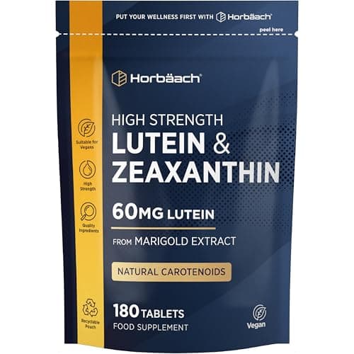 Image of Lutein and Zeaxanthin Supplement | 180 Vegan Tablets | 60mg of Lutein and 3mg of Zeaxanthin | High Strength from Marigold Extract | By Horbaach