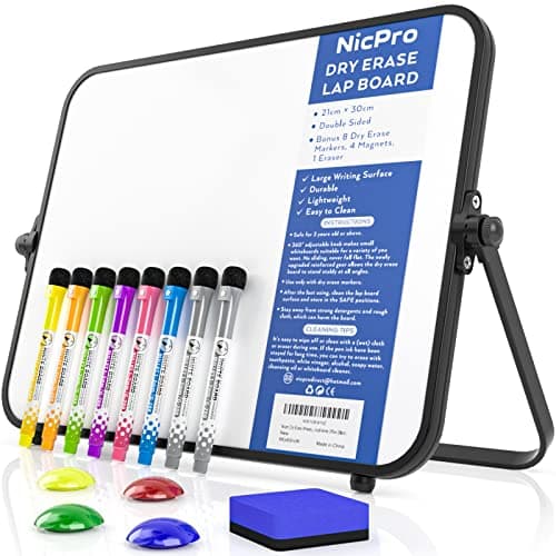 Image of Nicpro Dry Erase Small Whiteboard A4 with Non-Slip Stand, 21 x 30 cm Double Sided Magnetic Desktop White Board with 8 Pens, Eraser, Magnet, Portable Writing Easel for Kid Drawing Student Classroom Use