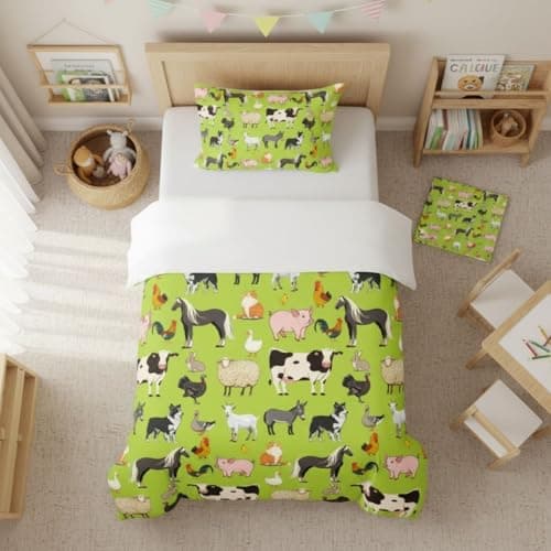Image of Homewish Kids Farm Animals Single Duvet Cover Set Green - Cartoon Animal Themed Bedding with 1 Pillowcase - Cute Farmyard Design Quilt Cover Boys Girls Bedroom Decor Farmhouse Country Bed Set