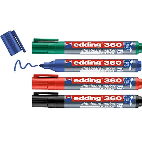 Image of edding 360 whiteboard marker set - multi-coloured - 4 whiteboard pens - round tip 1.5-3 mm - whiteboard pen dry wipe - for whiteboards, flipcharts, magnetic, memo boards - sketchnotes - refillable