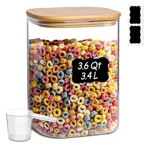 Image of ComSaf 3.4L Square Glass Jars with Bamboo Lids, Large Glass Storage Jars, Wide Mouth Food Storage Container with Airtight Lids for Flour, Sugar, Rice, Pasta, Oats, Grains, Cookies, Snacks, Candy…