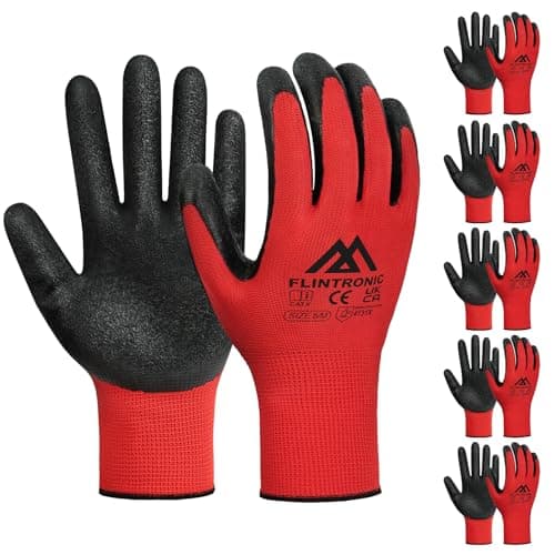 Image of Flintronic 6 Pairs Safety WorkGloves, Latex and Nitrile Coated, Non-Slip Work Handling Gloves, Firm Grip Protective Working Gloves for Gardening, Builders, General Duty (M - Size 8, Red)