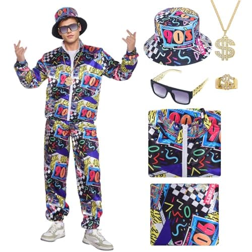 Image of HarnyLoom 80s 90s Costume Men Women, Retro Fancy Dress Disco Adults Outfit Shell Suit Rave Tracksuit Jacket Glassess Hat Carnival Halloween Party Cosplay (Black-90s, L)