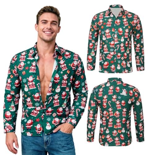 Image of Mens Christmas Shirt 3D Printed Santa Claus Shirts Funny Long Sleeve Button Down Ugly Xmas Shirt Snowman Elf Reindeer Hawaiian Costume Festive Holiday Party (UK, Alpha, XXL, Regular, Regular, Green)