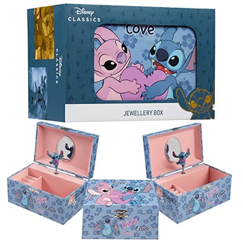 Image of Disney Stitch Jewellery Box Musical Wind Up Spinning Figure Frozen Memory Box Keepsake Girls Teens Ring Slots Organiser Bedroom Decor, Gifts for Girls (Blue Stitch)