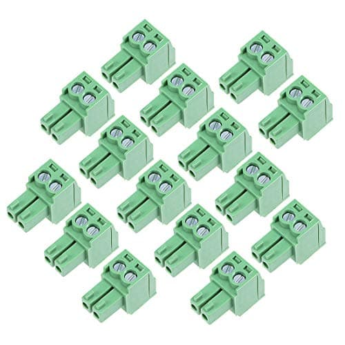 Image of sourcing map 15Pcs AC 300V 8A 3.5mm Pitch 2P Flat Angle Needle Seat Insert-in PCB Terminal Block Connector Green