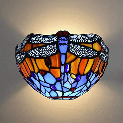 Image of Auroh 12 Inch Tiffany Style Wall Sconce Light, Blue Dragonfly Design Stained Glass Wall Lamp Sconce for Room, Lounge, Corridor, Hallway (TWL-1002)