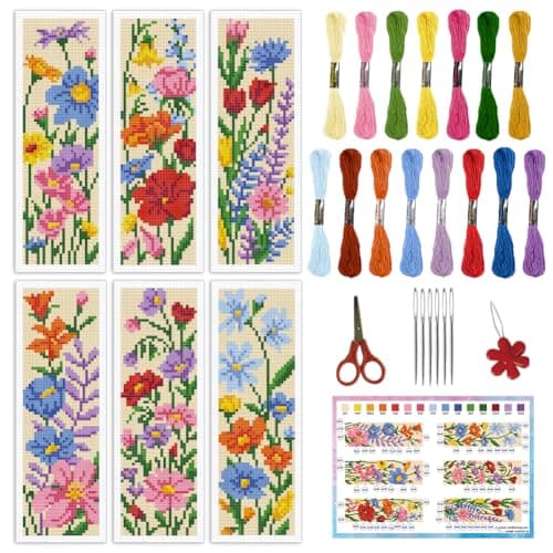 Image of INFUNLY 6 Set Wildflowers DIY Cross Stitch Bookmark Kits for Beginners Colourful Flowers Counted Cross Stitch Kit with Instruction Floral Stamped Embroidery Bookmark Kit for Book Lovers Readers Gift