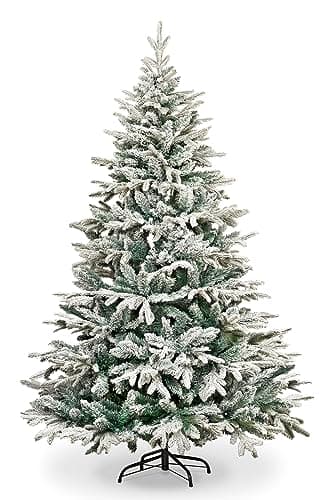 Image of Garden Store Direct Lapland Fir Covered Artificial Christmas Tree Snow Flocked PE PVC Mixed Tips Hinged Branches Bushy Luxury Xmas Home Snowy Decorations 4ft to 10ft (5ft (150cm), Snow Flocked)
