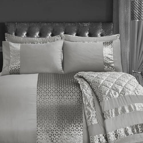 Image of Intimates Luxury Sparkle Duvet Cover and Pillowcase Set Embossed Silver Foil Geometric Velvet Glitz Border (Grey, King)