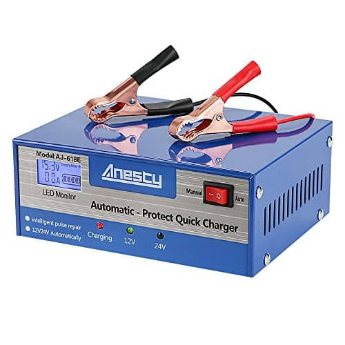 Image of Car Battery Charger, 12V/24V Automatic Car Battery Charging Unit, Smart Monitor Charge Maintain Battery Charger with LED Screen, Ideal for Various Vehicle Vans Tractors Lead-acid Battery
