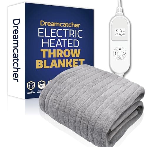 Image of Dreamcatcher Light Grey Heated Throw Electric Blanket, 160 x 120cm Heated Blanket Machine Washable Soft Fleece Electric Throw Overblanket with 12HR Timer and 9x Control Heat Settings