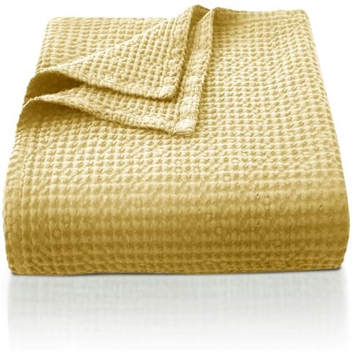 Image of CHUFFED 100% Cotton Waffle Blanket Bed Throw Single Size-Throw Blanket for Bed Sofa Travel-Soft Lightweight Breathable Blankets and Throws for All Season Yellow Throw 130x150cm