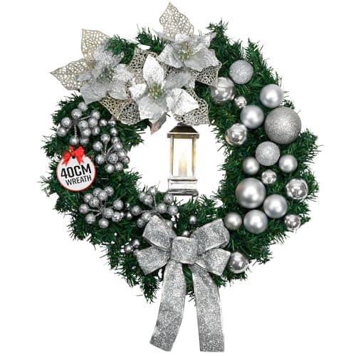 Image of GloBrite 40cm Christmas Wreath with Bows, Baubles & Lantern | Wreaths for Front Door | Door Wreaths Home Decor Christmas Decorations for Outdoor Decorations - Silver