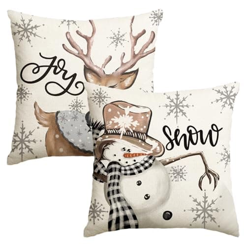 Image of Artoid Mode Snowman Reindeer Snowflakes Christmas Cushion Covers Set of 2, 45x45 cm Winter Xmas Decorative Pillow Case Cover Sofa Living Room Decor