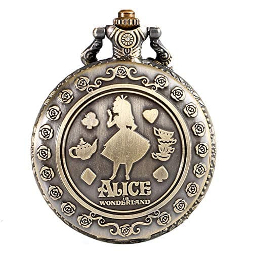 Image of CokinkiDs Alice in Wonderland Themed Bronze Women's Quartz Analog Pocket Watch Necklace for Ladies Girls Engraved Pocket Watches Xmas Gift