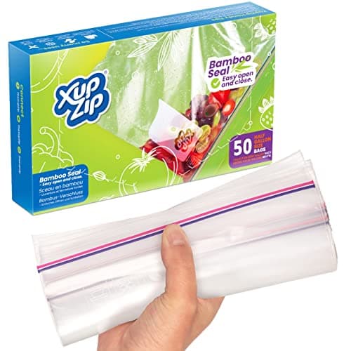 Image of XupZip Large Freezer Bags with Airtight & Leakproof Bamboo Seal – 2.27L Reusable Food Bag with Expandable Bottom – Half Gallon Multipurpose Heavy-Duty Zip-Lock Bags, 50 Pcs