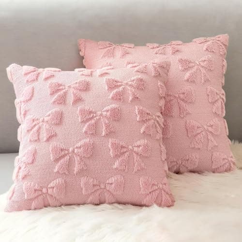 Image of iuiiaii 2 PCS Pink Cushion Covers Bow Cushion45 X 45, Pink Cushions Bow Pillow Soft Plush Pillow Covers Aesthetic Bedroom Cushions for Bed Sofa Home Indoor Outdoor Holiday Decorations Pillowcase