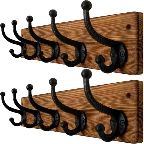 Image of WEBI Rustic Coat Rack Wall Mount,5 Cast Iron Coat Hooks Wall Mounted,Heavy Duty Wall Coat Hanger Hooks for Hanging Coats,Clothes,Rustic Brown,2 Packs