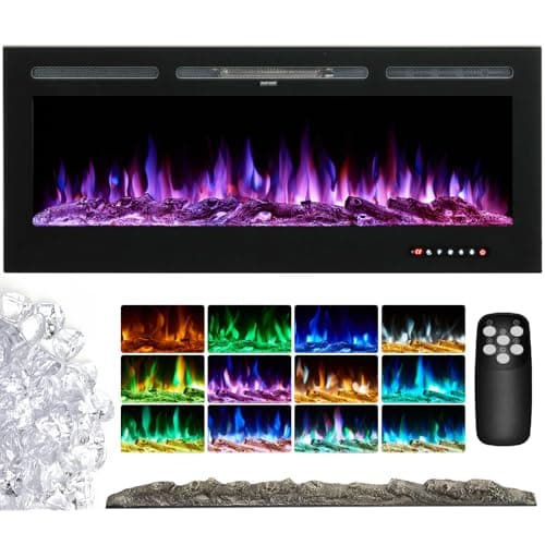 Image of INMOZATA Electric Fire Wall Mounted Recessed Insert 40 50 60 70 80 inch Electric Fireplace with Touch Remote Control 12 LED Color Flame Effect Electric Fire Heater, Crystal and Log Set